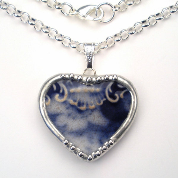 Antique Flow Blue Floral Heart Pendant Necklace "Broken China" Jewelry by Charmedware