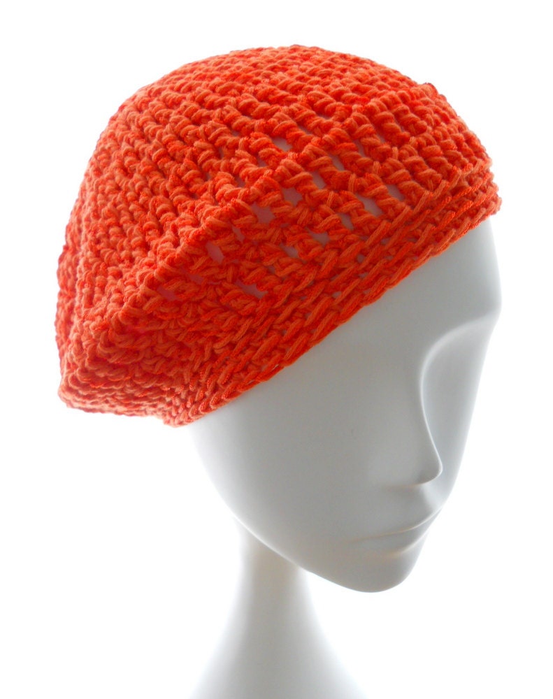 Hand crochet beret, men's or women's crocheted beanie hat, orange hat, vegan hat, spring and summer beanie, small to large hat
