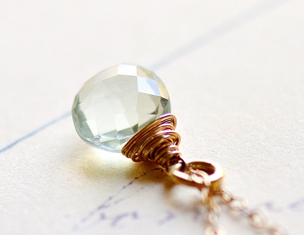Green Amethyst Gemstone Necklace in 14k Gold Fill Mint Green February Birthstone