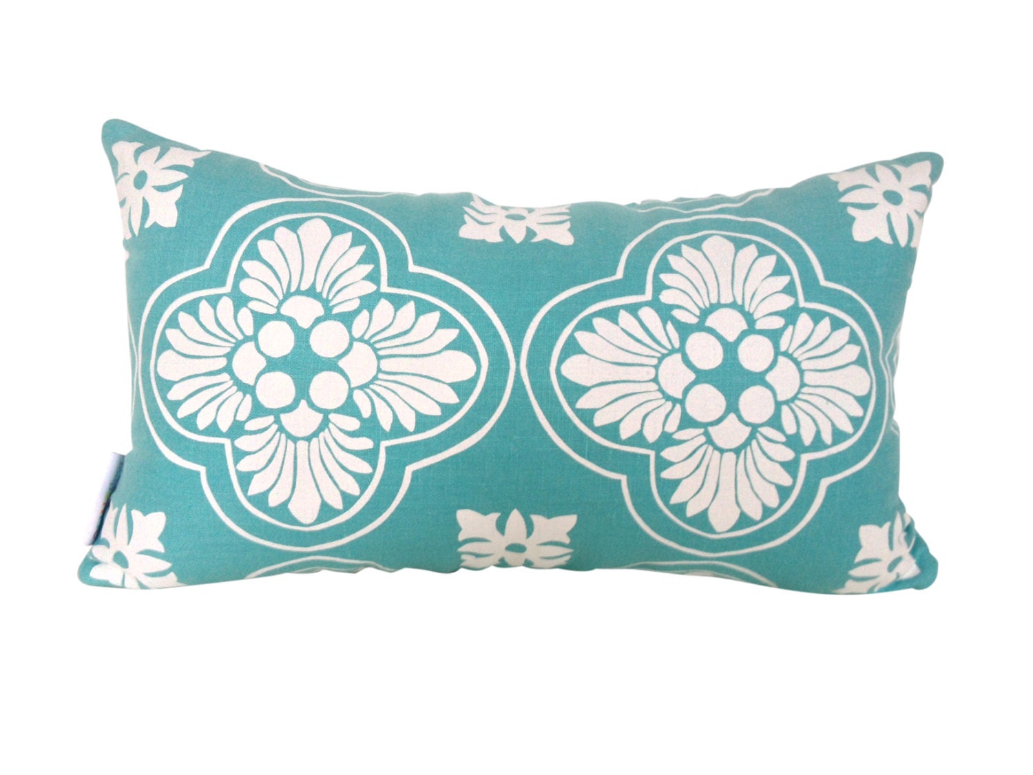 Cushion cover Lumbar Moorish design. White design on aqua Linen 30cm x 50cm