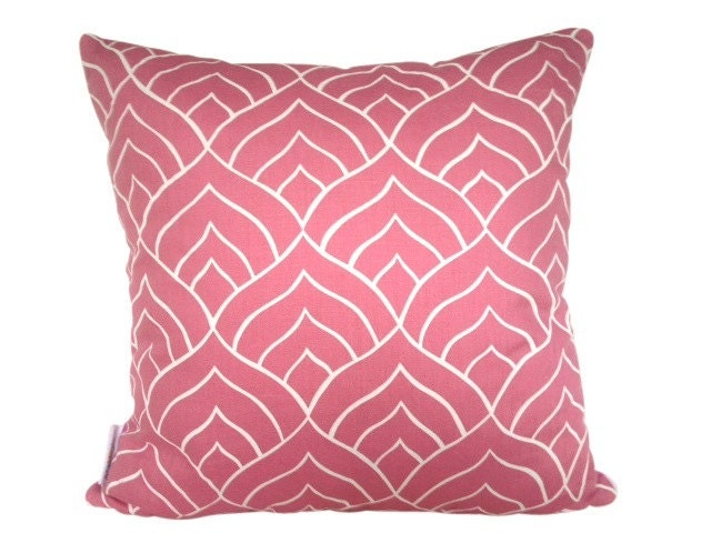 Dome cushion cover in white ink on pink linen with white piping 48cmx48cm