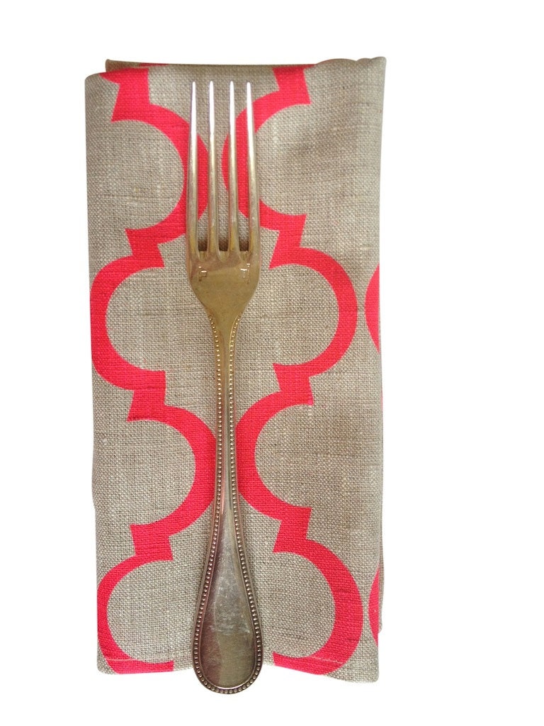Fluro pink Geometric linen napkins x4