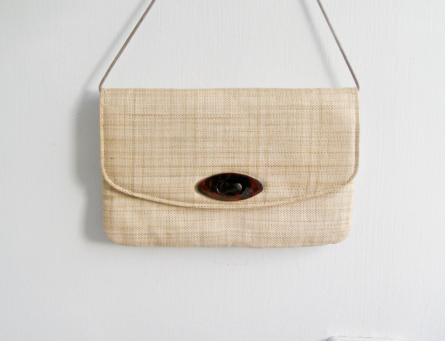 Retro woman Handbag, Mid century purse, Beige woven clutch, mad men fashion, casual woman's purse, Shoulder chain Bag