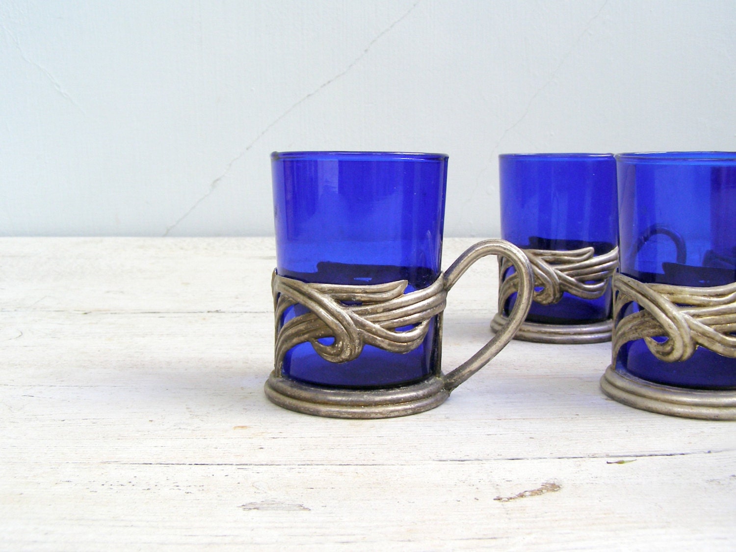Mid Century Blue Teacup Set, 6 Zinc Glass Holders with small Tea glasses, Ornate Teacups, Hosting, holiday gift, Cottage chic, Collectible