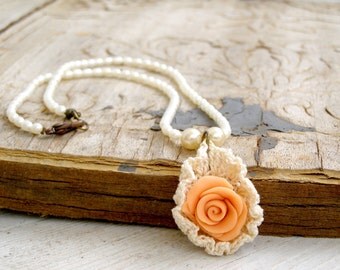 Victorian style romantic Necklace, Rose pendant necklace, water pearls, crochet flower pendant, gift for girlfriend,