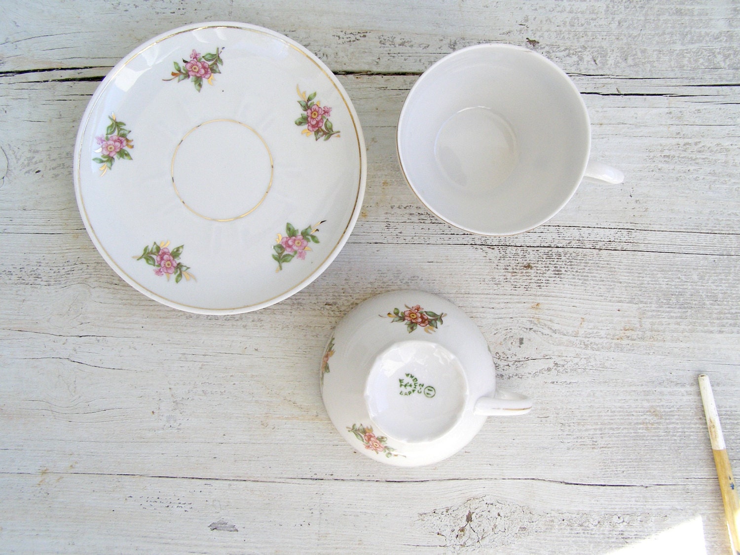 Vintage Floral Porcelain Teacup Set, Russian white Porcelain, Pink, Green, Cottage chic, Shabby chic, Retro kitchen