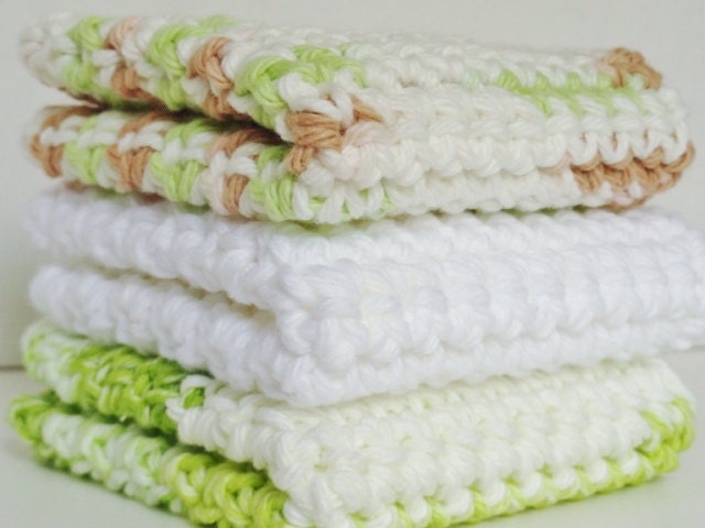 Crocheted Cotton Washcloths Dishcloths Gift under 20 dollars Set of 3 Lime White & Beach Dune