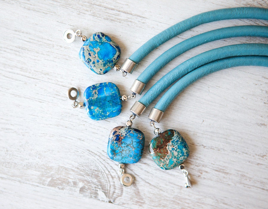 Sea Dreams Jasper on Blue Leather Cord Bracelet by pardes israel