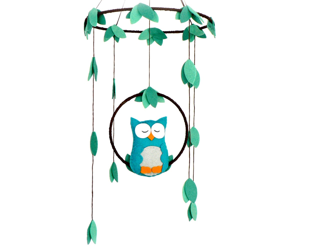 Owl mobile - woodland - Nursery baby mobile - You pick your colors - Felt green, peacock, gray and tangerine owl - Nursery decor