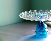 Glass Cake Stand in Peacock Blue / Glass Cake Plate / Vintage Cake Plate Pedestal / Cake Platter / Truffle Stand Cupcake Stand - Teal Blue