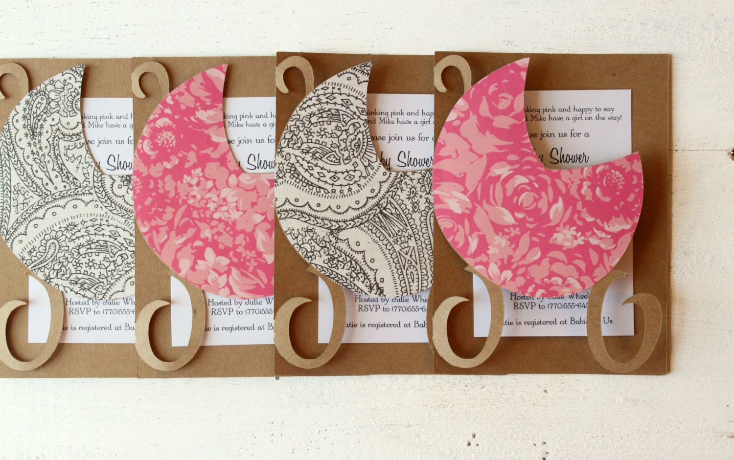Girl Baby Shower Invitations Shabby Chic Pink Rose Baby Announcements Vintage Floral Shower Invites Pink and Black Baby Carriage - Set of 10