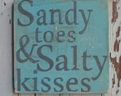 Sandy toes & Salty kisses Blue Beachy Wooden Handpainted 9x9 Square Sign Wall Art