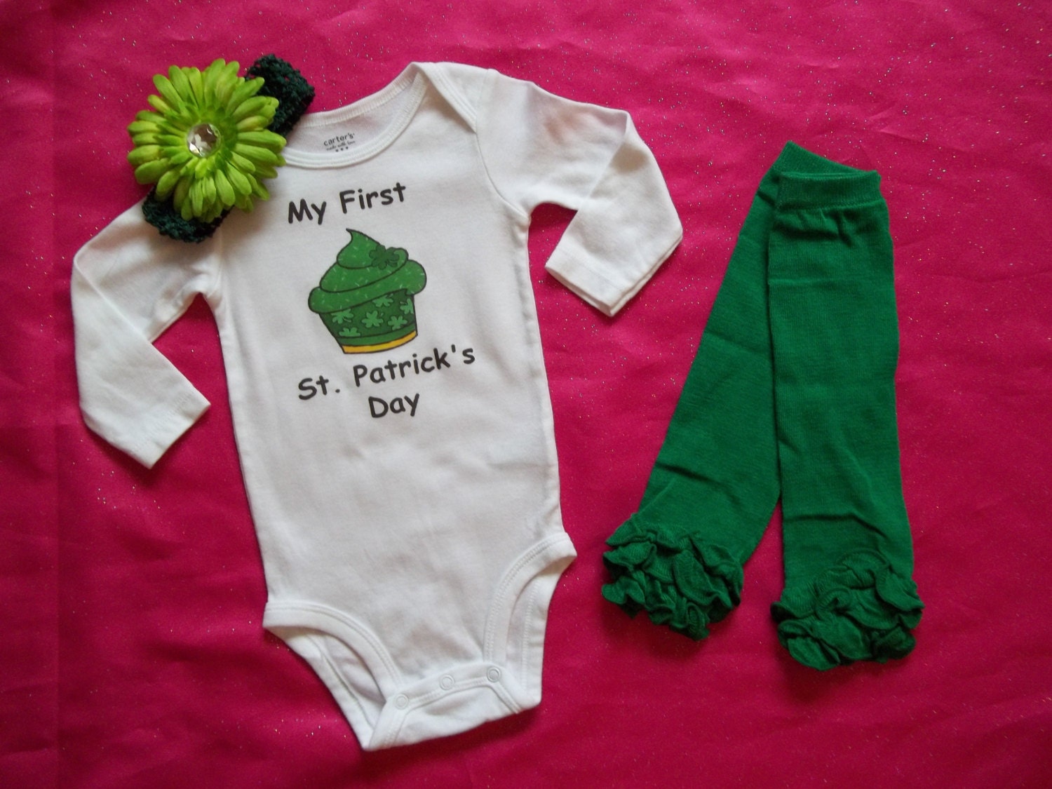 St Patricks Day onesie outfit LEGGINGS green ruffle My First 1st baby girl cupcake 6 months 6m flower headband Ready to Ship