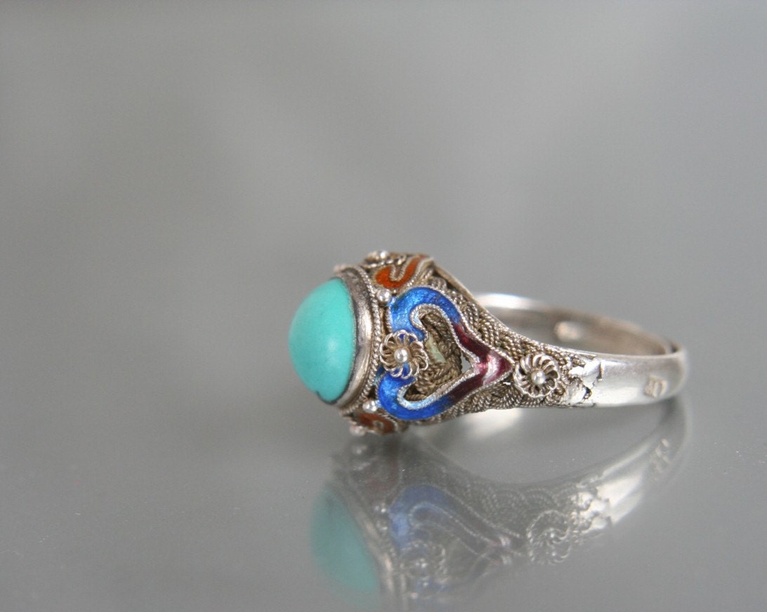 Chinese Filigree Export Ring Turquoise Enamel Sterling Silver 925 Cabochon Adjustable