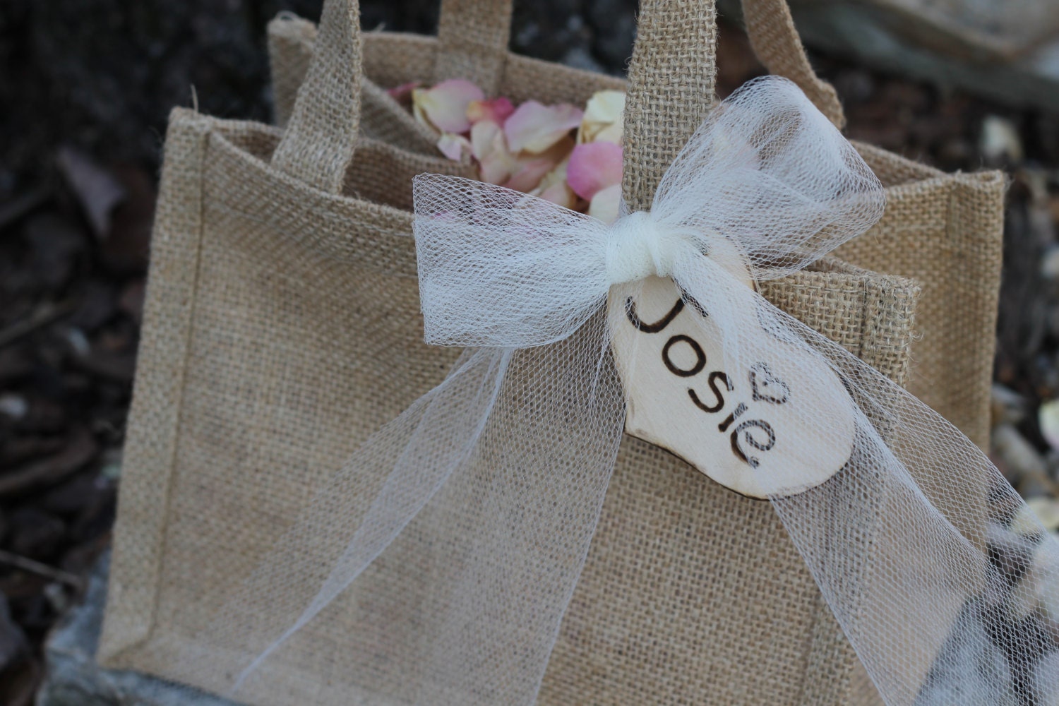 Burlap Wedding Basket Personalized Heart Tea Dyed Tulle Ribbon, Rustic Wedding, Shabby Chic Wedding
