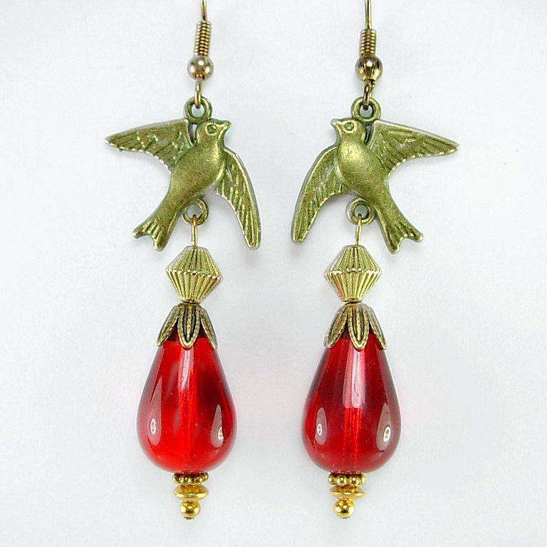 Brass Birds, Bright Red Lampwork Drops Earrings