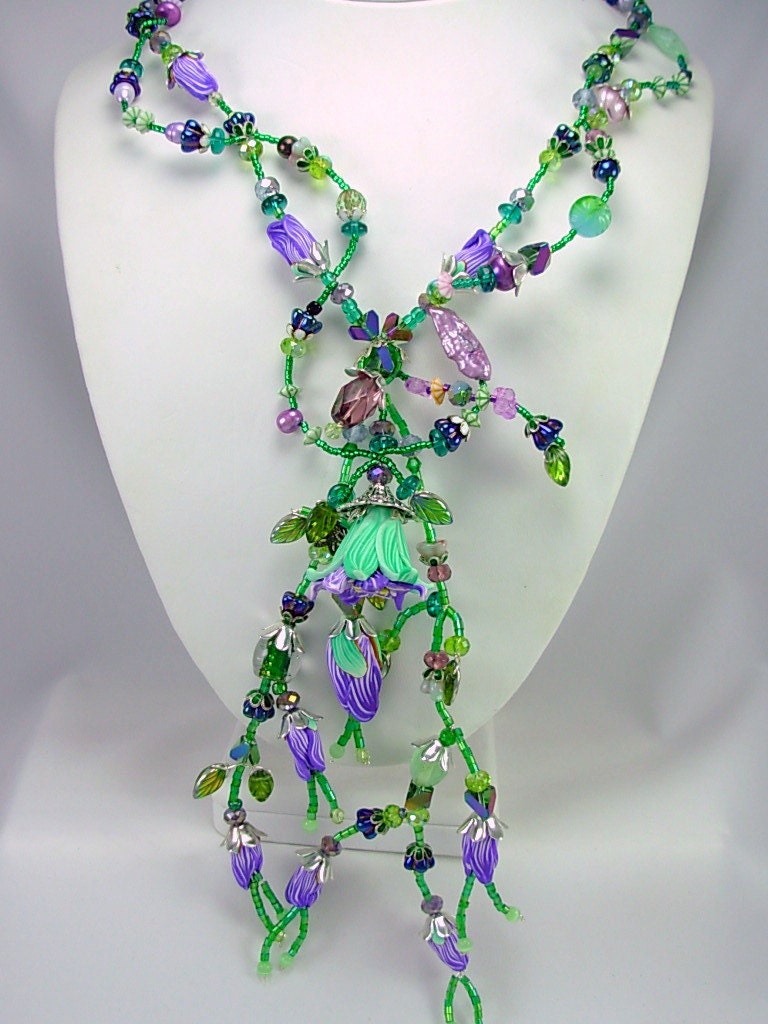 Unique Statement Necklace, Polymer Clay, Glass Floral Vine, OOAK Artisan Design, Garden Wedding