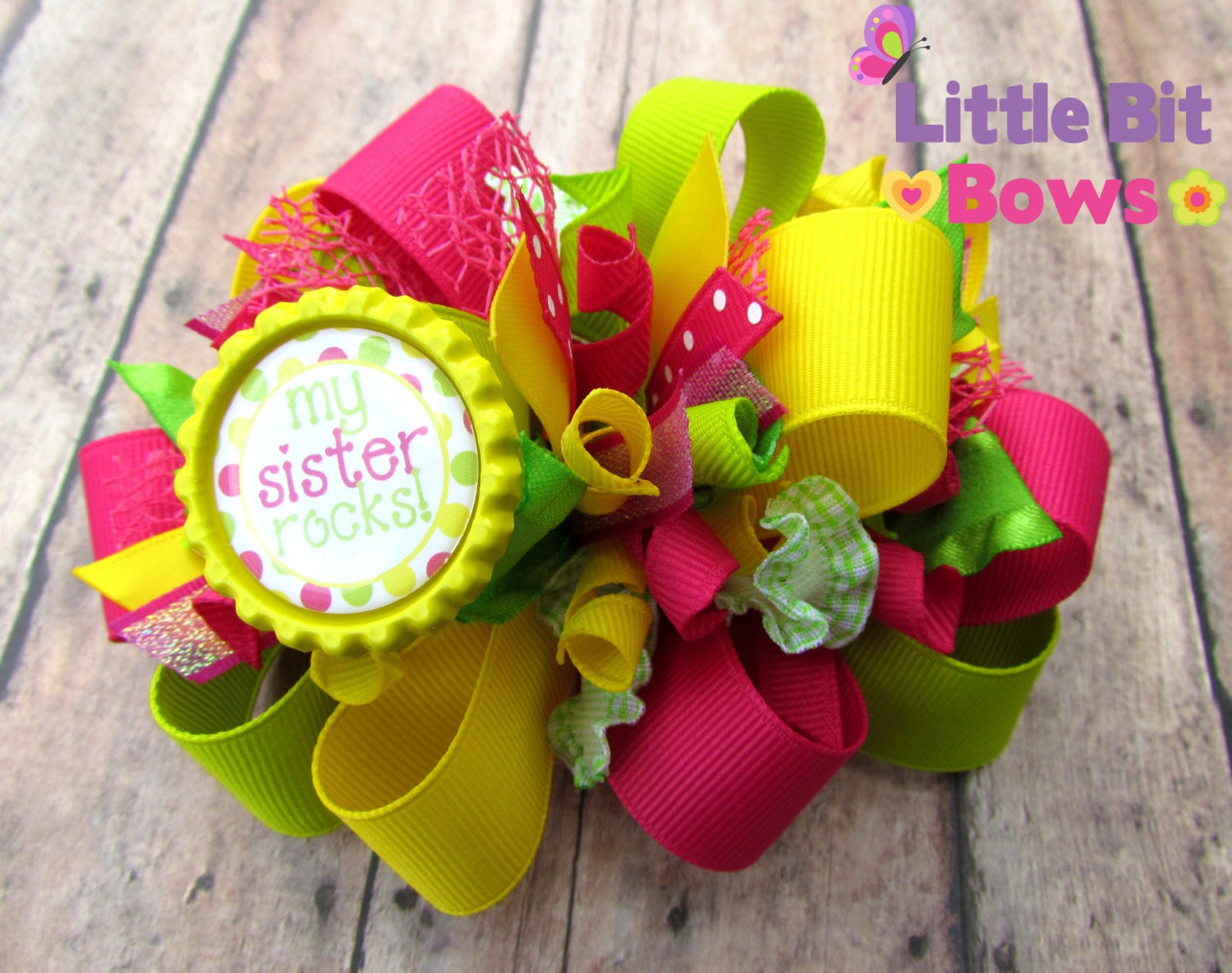 Pink, Yellow, and Green "My Sister Rocks" Boutique Funky Bow