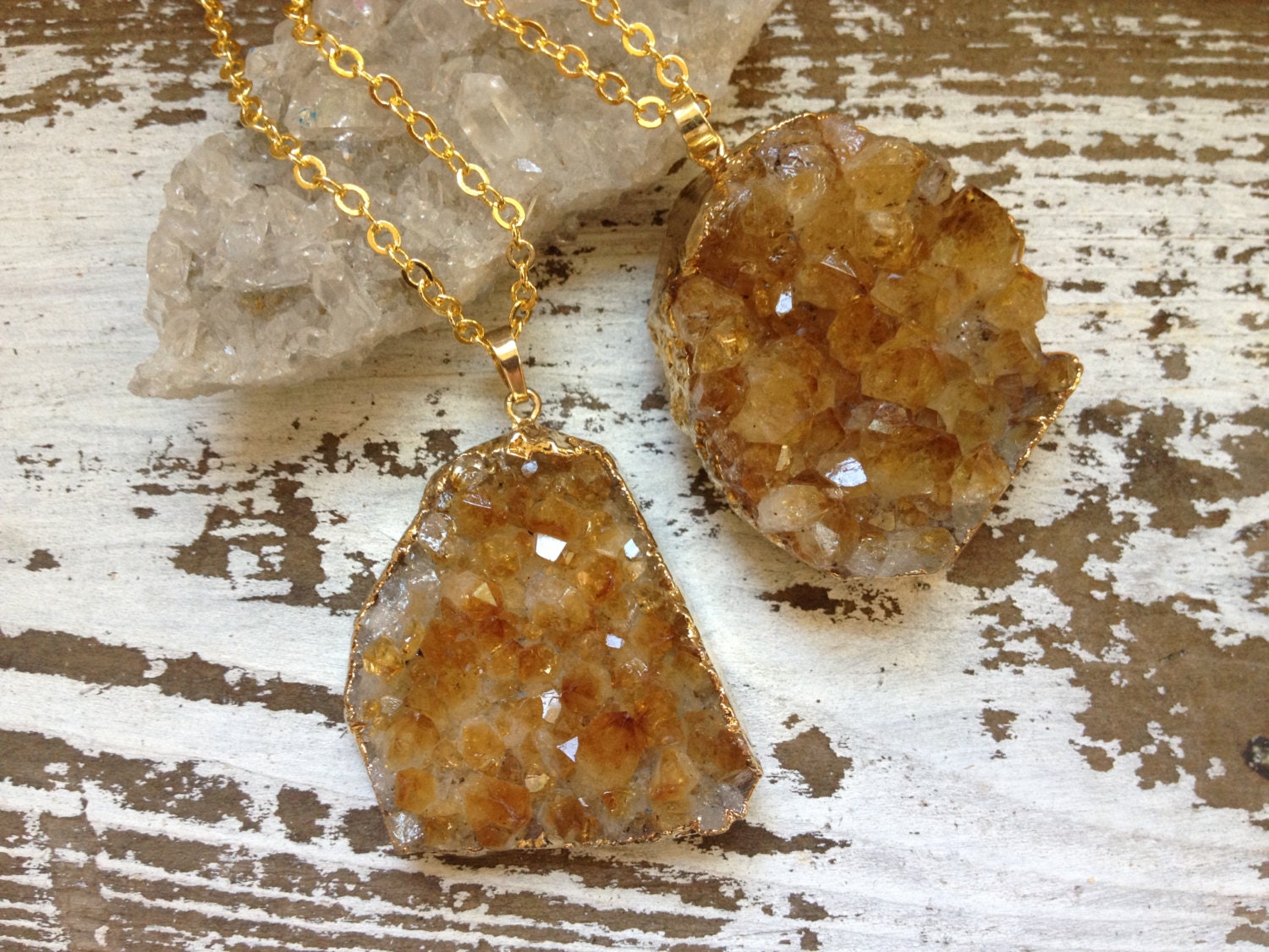 GOLD DUST WOMAN / Raw Citrine Druzy Quartz Crystal Cluster, November Birthstone, Chunky Gemstone Necklace Gold Plated Dipped