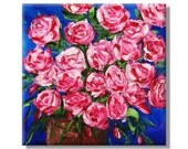 Impressionistic Roses in a Vase. Original Handpainted Acrylic Thick 3d Texture Impasto Palette Knife Painting. Size 12 x 12.