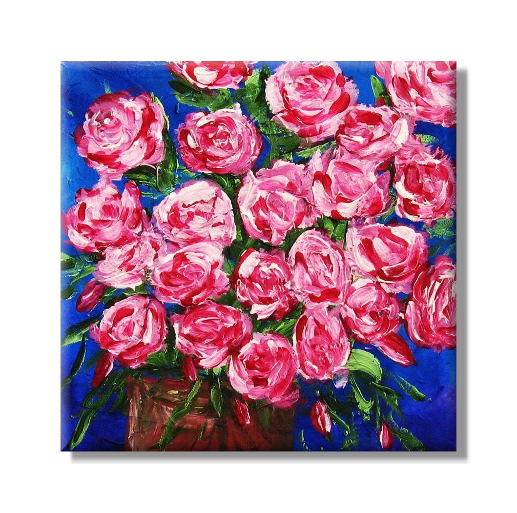 Impressionistic Roses in a Vase. Original Handpainted Acrylic Thick 3d Texture Impasto Palette Knife Painting. Size 12 x 12.