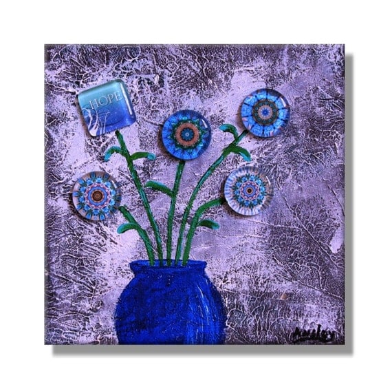 Hope Flowers in a Blue Vase. Original Handpainted Acrylic Mixed Media Texture Painting. Size 6 x 6.