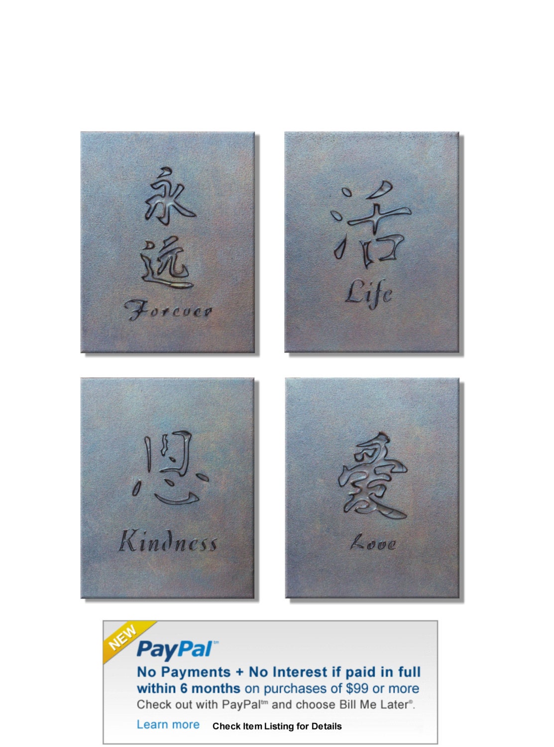 4 Asian Forever Love Kindness Life Symbols. Original Handpainted Acrylic Thick 3d Texture Impasto Palette Knife Paintings. Size 8 x 10 each