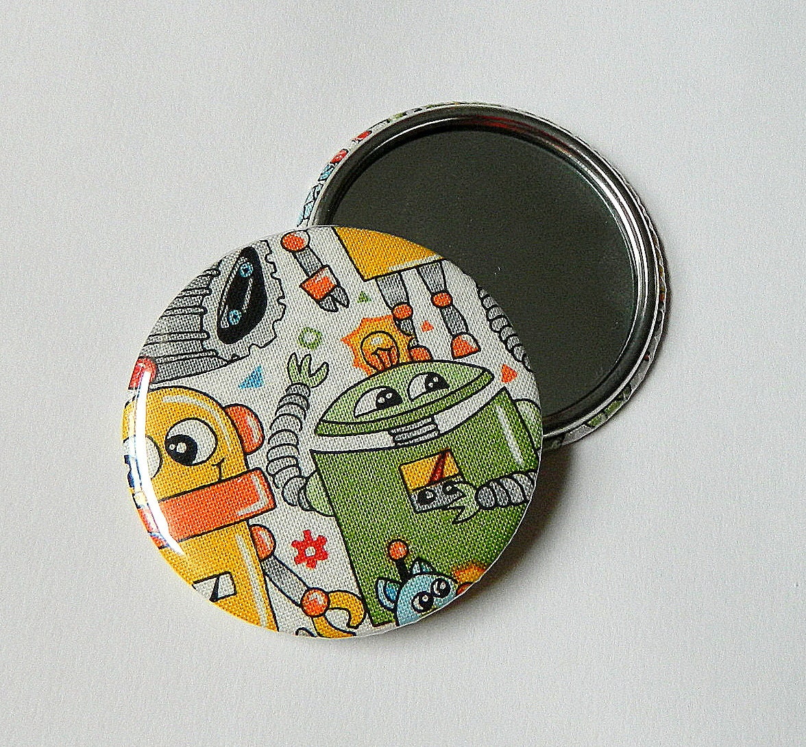 Robots Pocket Mirror.  Handbag Mirror, robot print fabric.