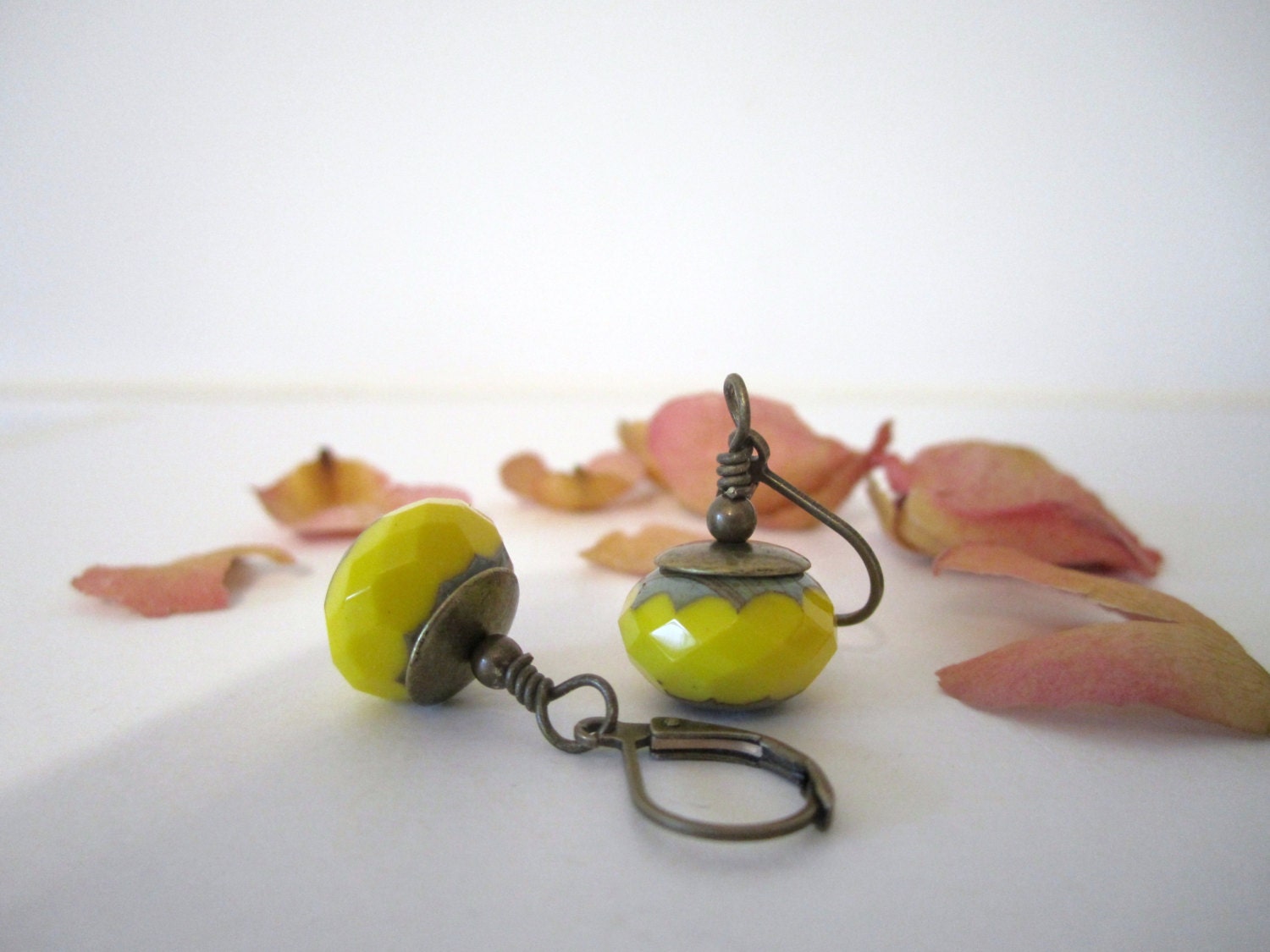 Czech Glass Beaded Dangle Earrings - Picasso Finish Drop Earrings - Yellow
