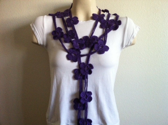 Double Bloom Purple Scarf, Crochet Flower Scarf In Dark Purple, USA Seller