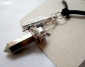 Pyrite Point Necklace with Feather Charm and Black Onyx Beads Faux Leather Cord Fools Gold