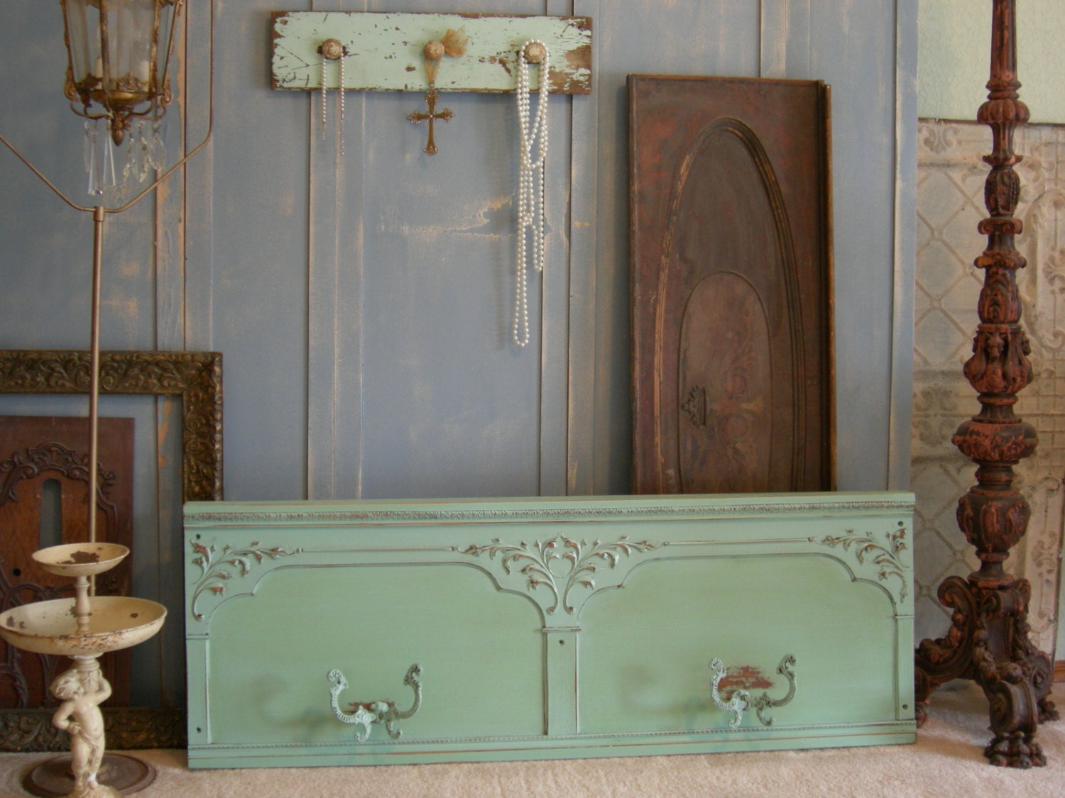 Old Shabby Wall Coat Rack Very Large Chic Distressed Aqua Paint