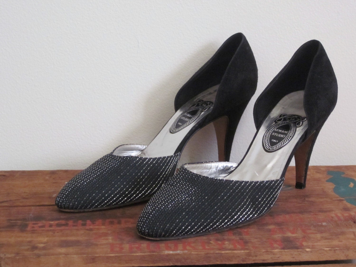 Disco Heels 1980s / Lorbac / Studio 54 / Black Silver / Made in Italy / Evening / Suede Pumps / Size 39 / High Fashion / Designer / Dancing