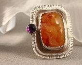 Silver Peach Druzy and Amethyst Ring