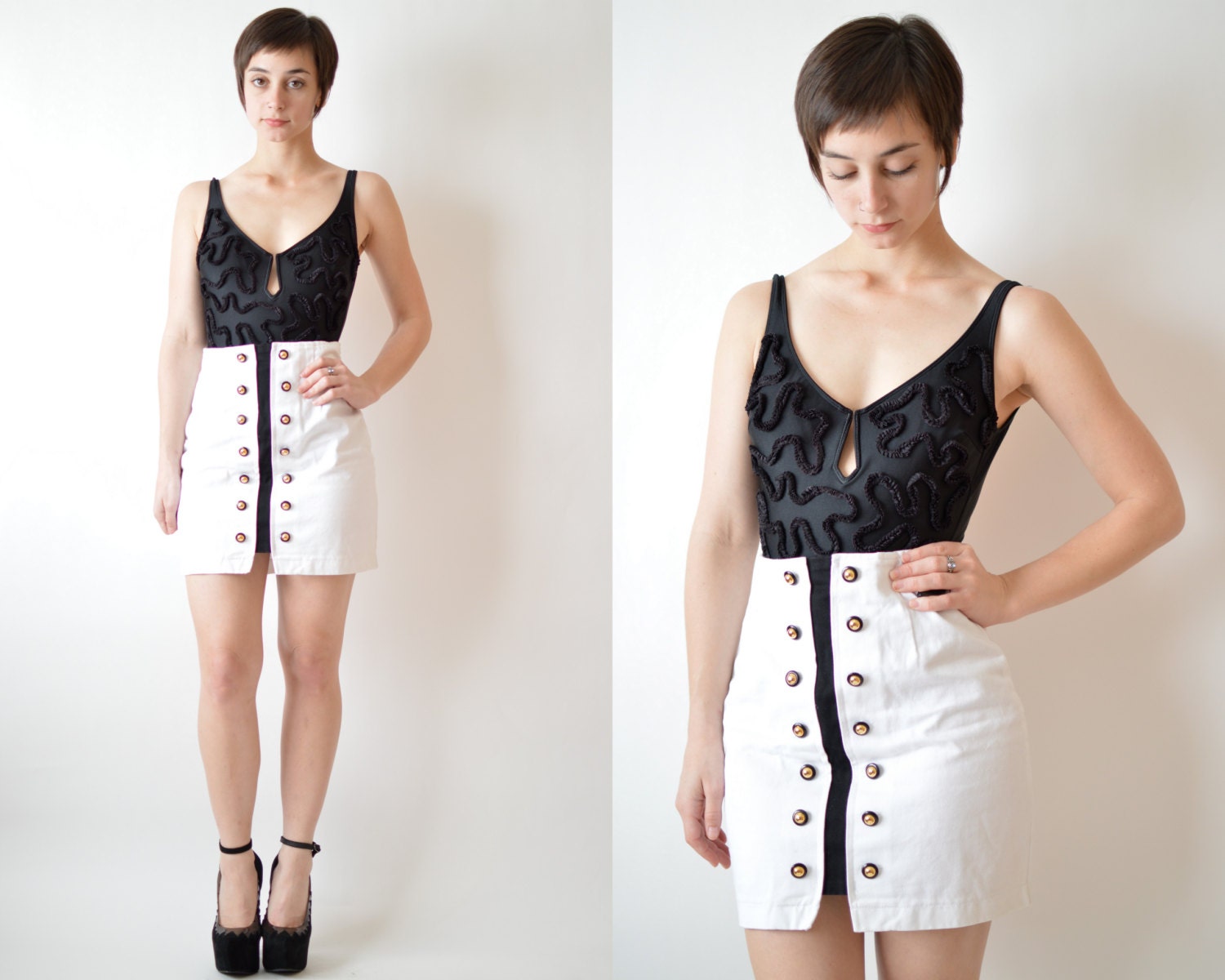 White, Black, and Gold Nautical Vintage 1980s Skirt