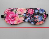 Summer Flower Garden Floral Cotton Black Satin Handmade Sleep Eye Mask / Holiday Accessory