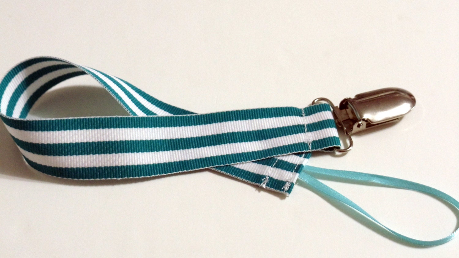 Teal Stripes Ribbon Pacifier Clip Pacifier Holder