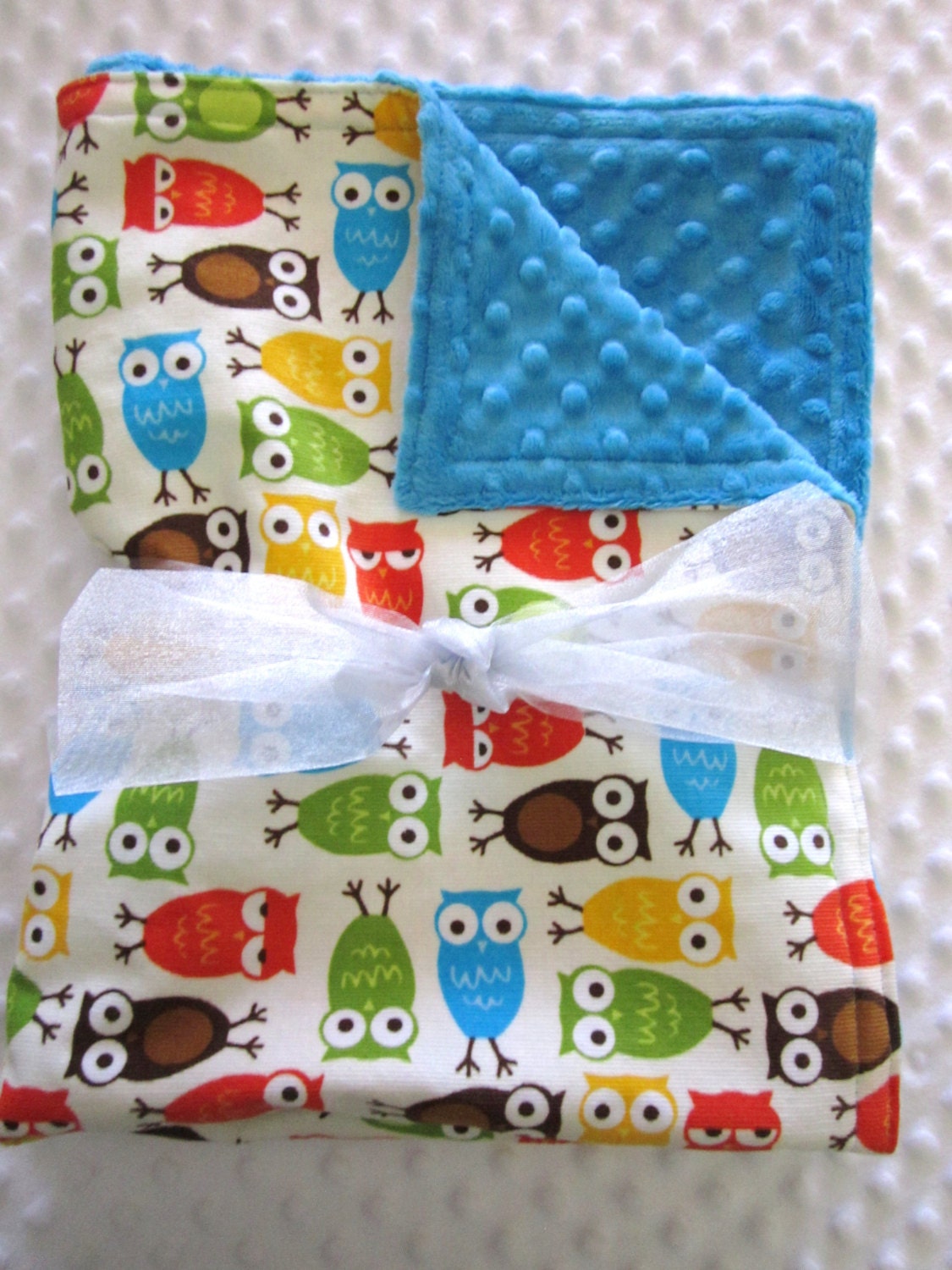 READY TO SHIP Baby Boy Minky Owl Blanket 35" x 30" in Handsome Cordory Harvest Owls Orange, Brown, Teal, Lime Green, Yellow