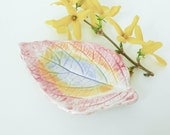 Antique Majolica Butter Pat Leaf Dish in Pastel Pink Blue Yellow - Vintage Victorian Pottery Cottage Chic Spring Home Decor