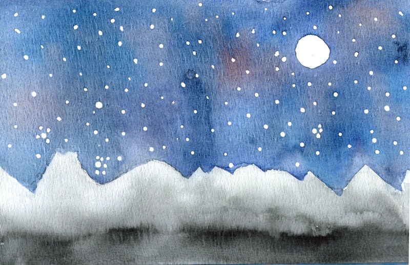 Original watercolor Starry night on Mountains art painting Home decor whimsical stars and sky