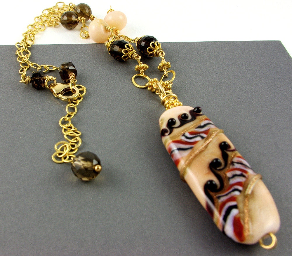 Lampwork Glass Necklace Natural Peruvian Opal Smoky Quartz Gold Filled Beaded Brown Stone, Handmade Jewelry