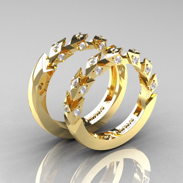 Modern Italian 14K Yellow Gold Diamond Wedding Band Set R320BS-14KYGD