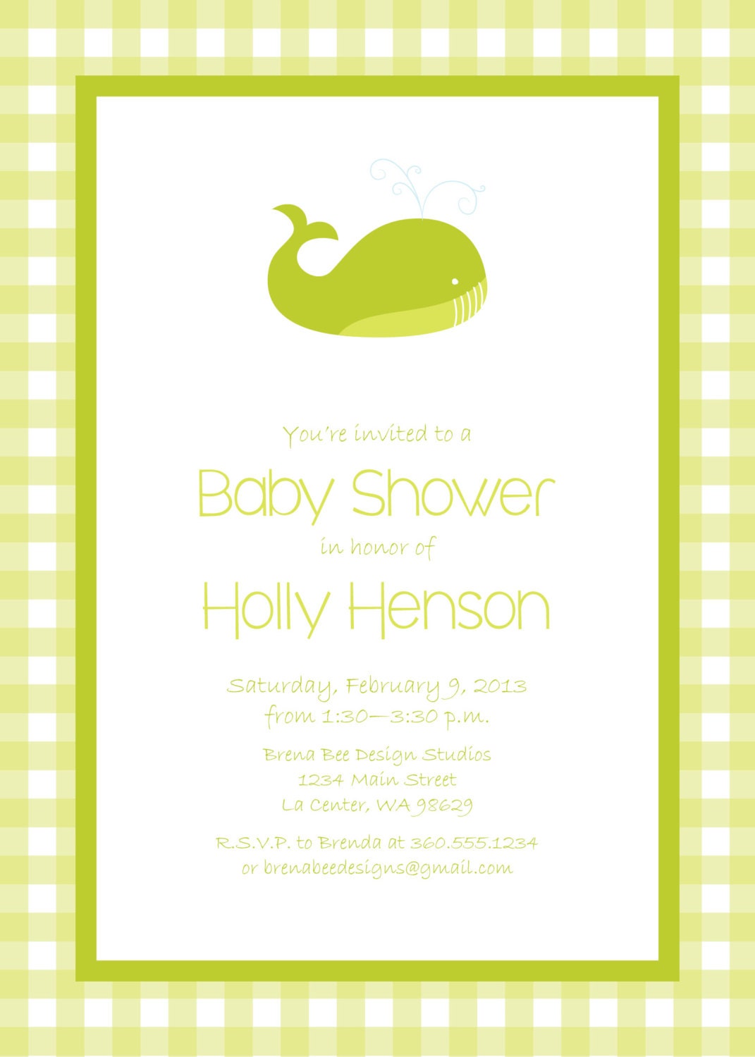 Personalized Blue, Pink OR Green Gingham Whale Invitation - Baby Shower or Birthday Printable Digital Invitation