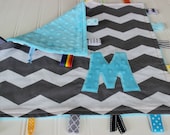 Blue Minky Chevron Security Blanket - Personalized Sensory Baby Blanket - Monogram Tag Lovie