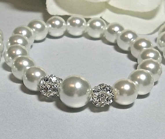 Pearl bracelet - White pearls - Crystal Rhinestones -  fireballs - Bridal jewelry - Bridesmaids - Gift -