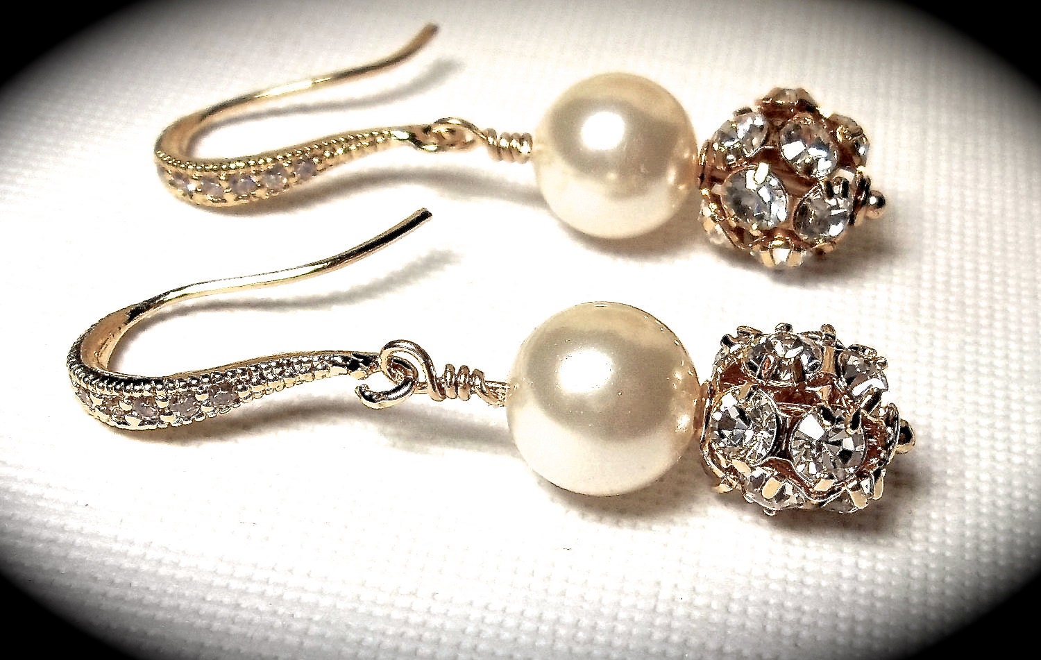 Pearl Earrings - Ivory/cream pearls - Swarovski's Gold Rhinestone fireballs - Bridal jewelry - Bridesmaids - Gift- Formal jewelry -