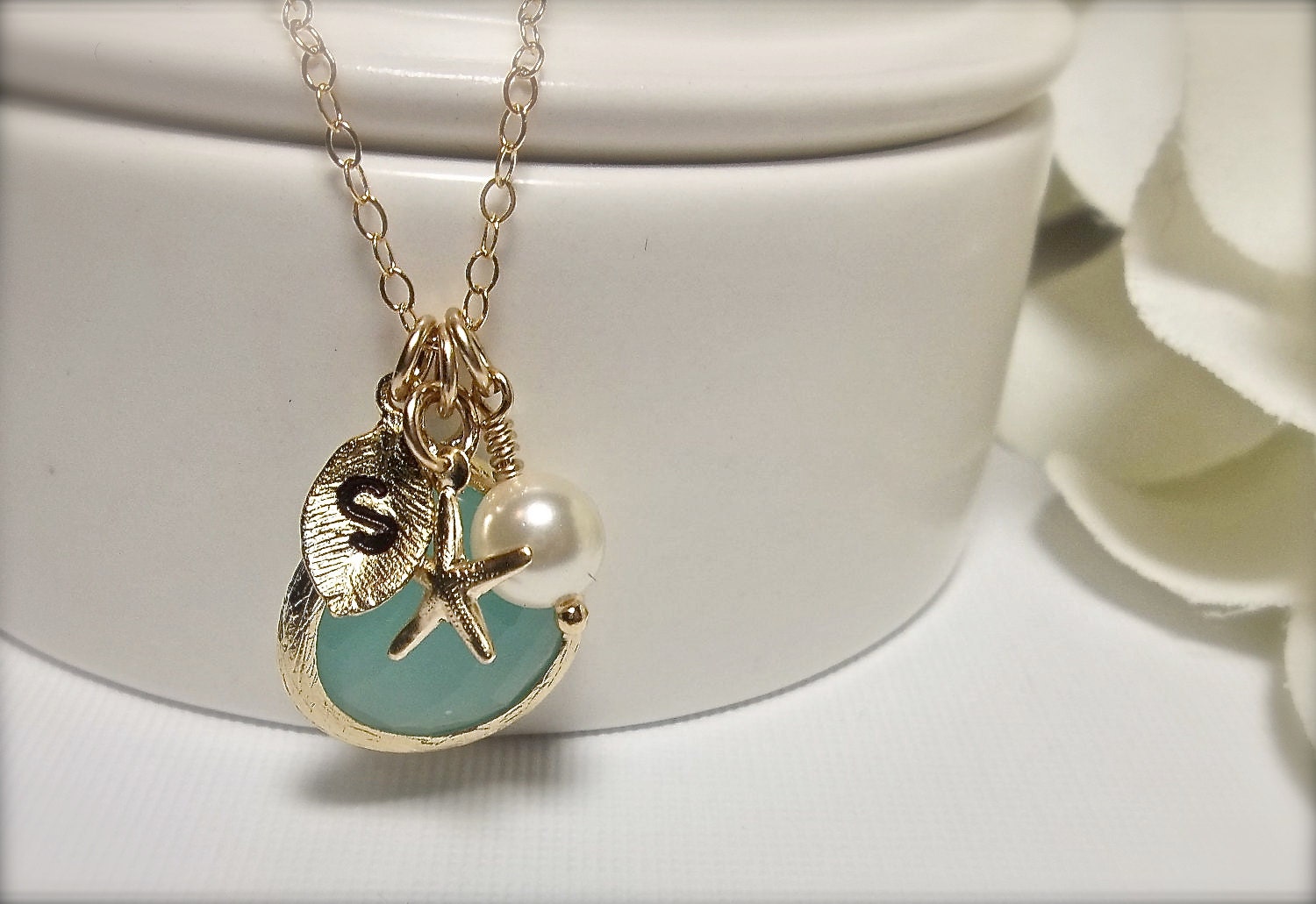 Gold necklace - Personalized - Gold filled - Starfish -  Nautical  - Hand stamped - Initial - Pearl necklace - Gift - Best seller -