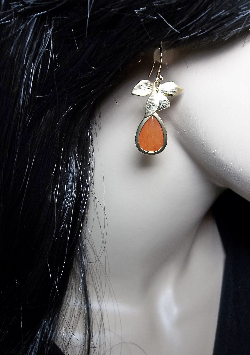 Gold filled Earrings with ORANGE dyed Jade stone and a gold wild orchid flower- Beautiful Jewelry -
