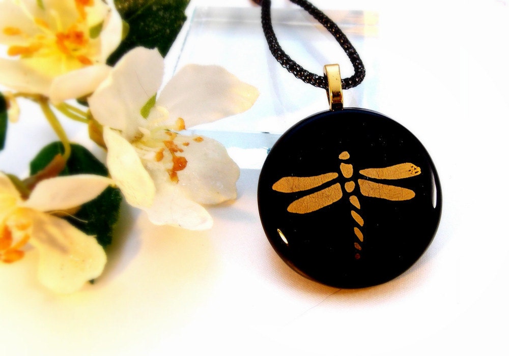 Gold Dragonfly on Black Glass Pendant