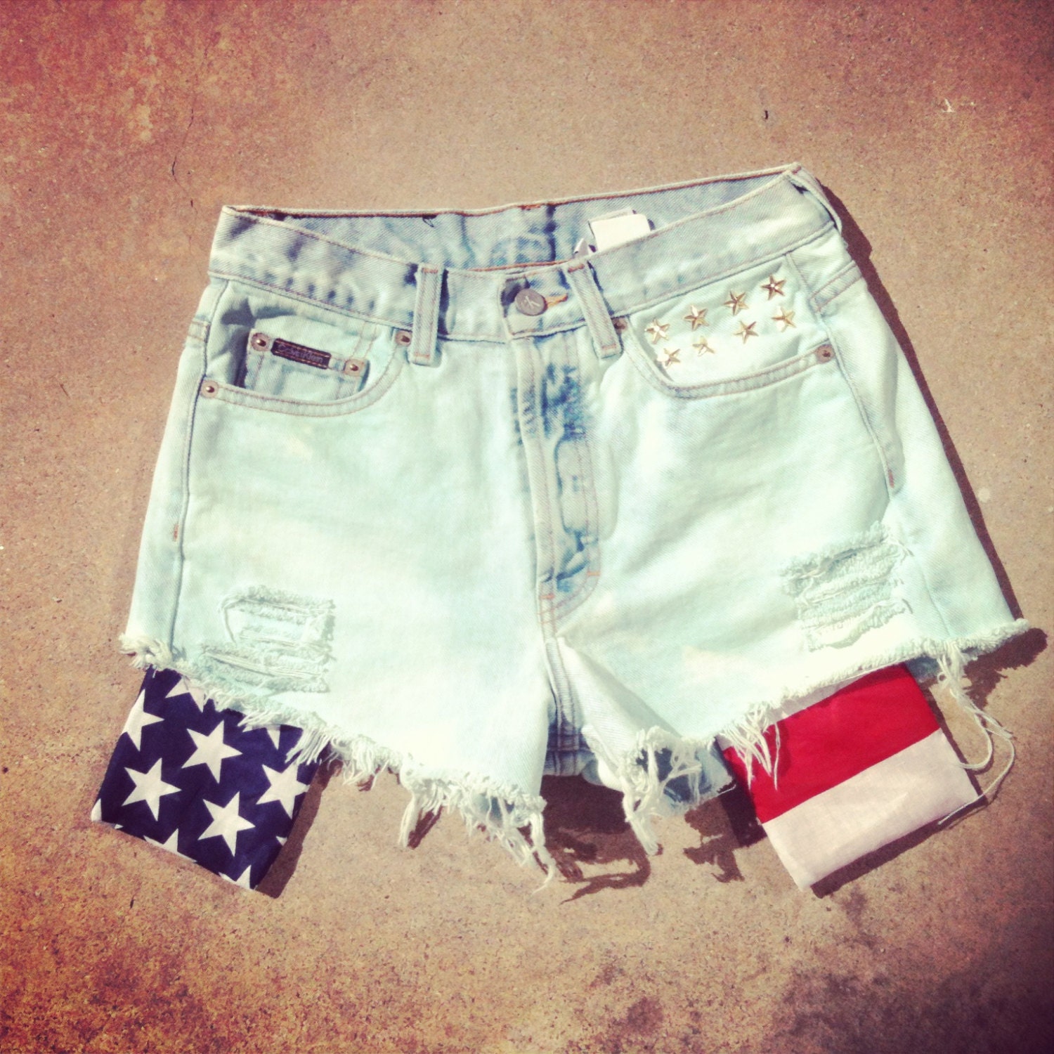 Acid wash Pastel Teal American Flag Pocket high waist shorts